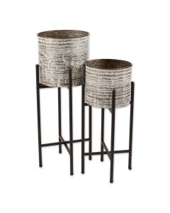 WHITE WASH GALVANIZED BUCKET PLANT STAND SET/2